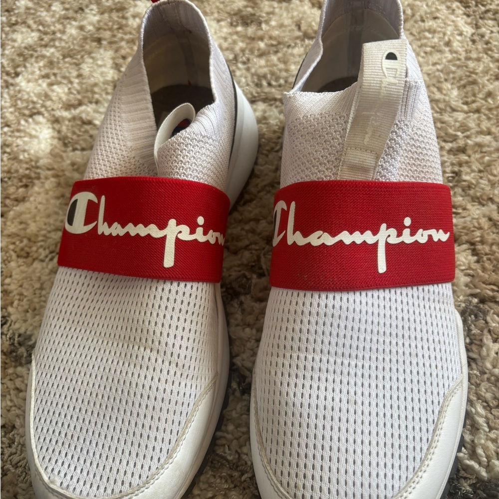 Champion White Slip-On Sneakers with Red Band